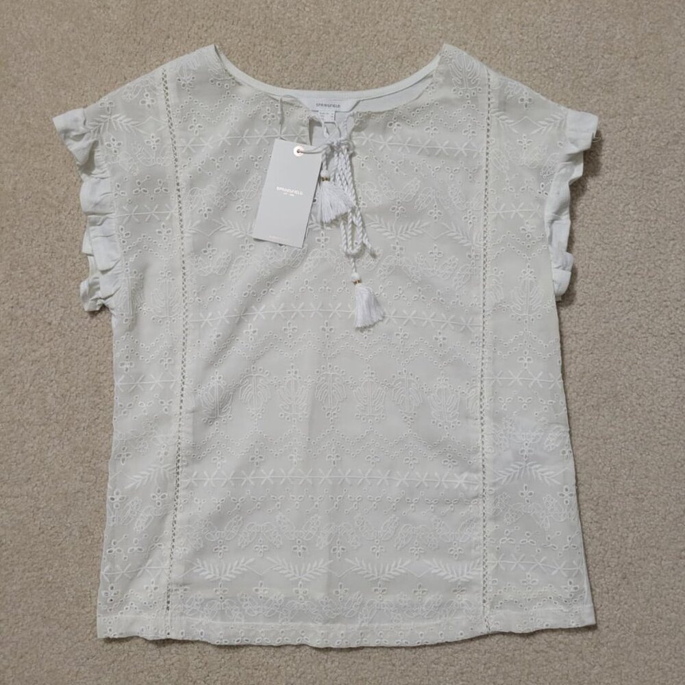 Springfield Women's White Embroidered Detail Tie Blouse NWT, Size Medium